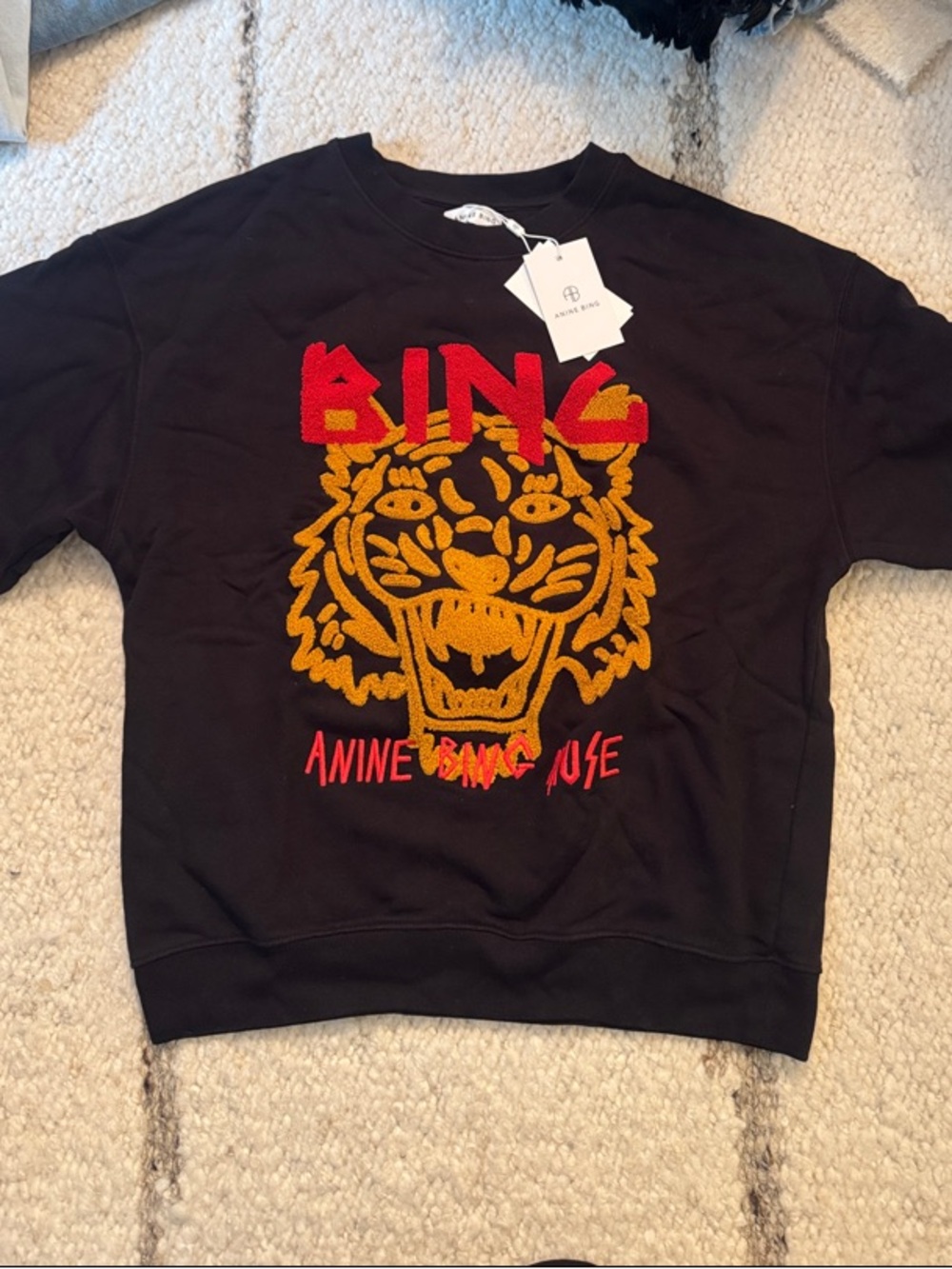 NWT Anine Bing Black Crewneck with Red Chenille Logo & Gold Embroidered Tiger